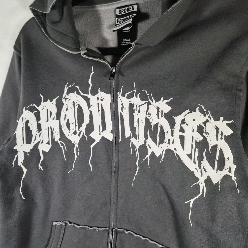 Broken Promises Men's Small Gray Distressed Graphic Full Zip Hoodie Goth Grunge